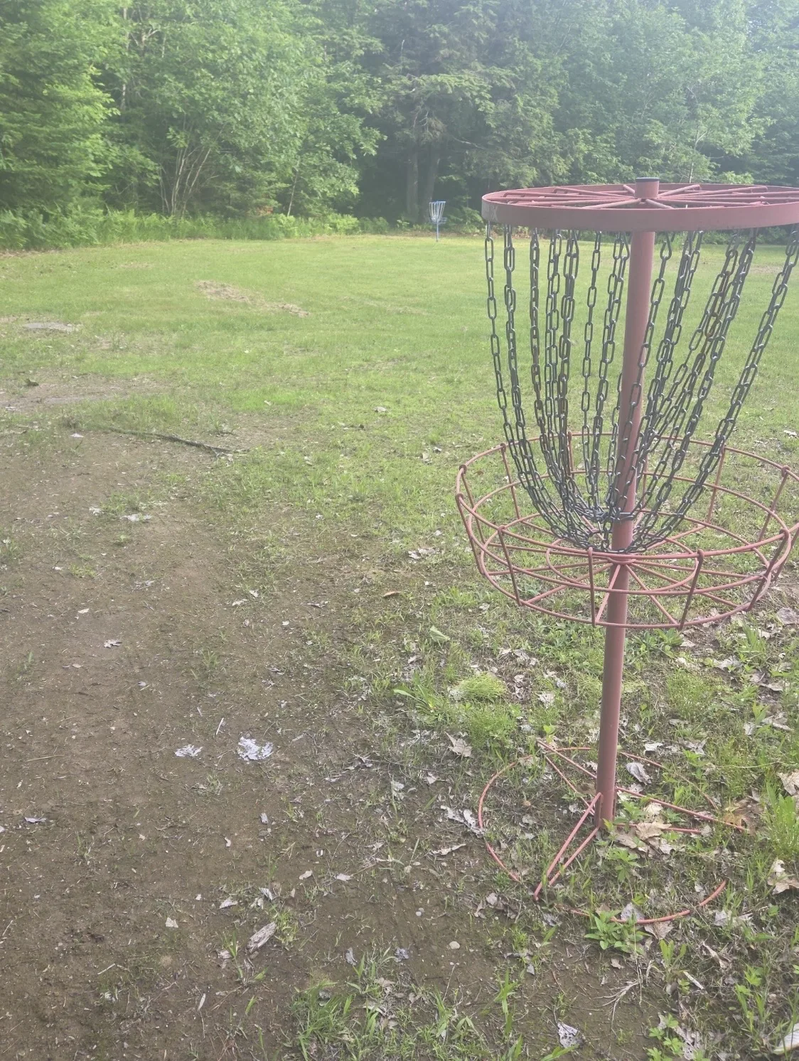 Disc golf basket in an open recreation area